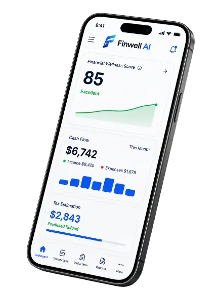 Finwell AI app showing Financial Wellness Score, Cash Flow and Tax Estimation